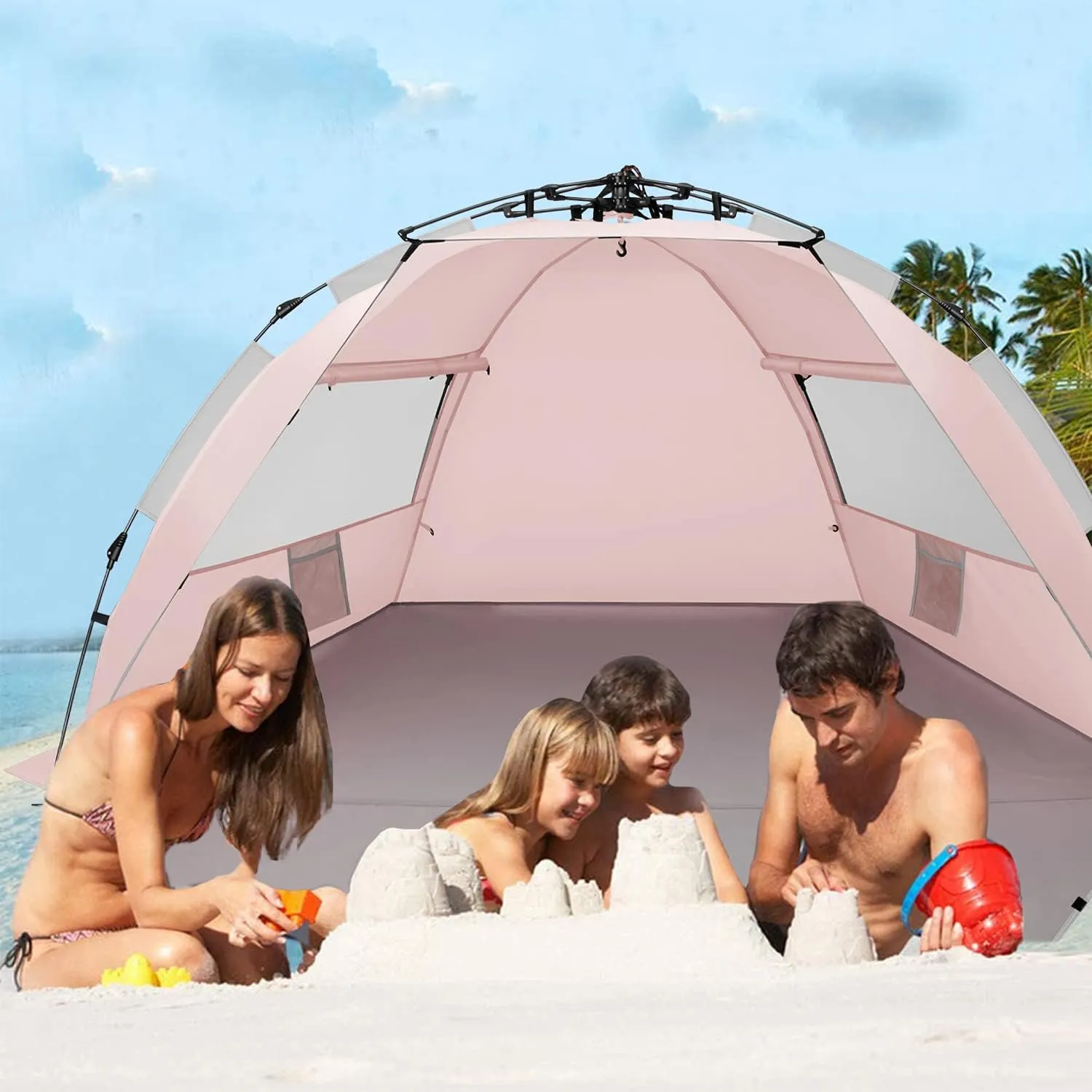 Oileus X-Large 4 Person Beach Tent Sun Shelter - Portable Sun Shade Instant Tent for Beach with Carrying Bag, Stakes, 6 Sand Pockets, Anti UV for Fishing Hiking Camping, Waterproof Windproof, Pink