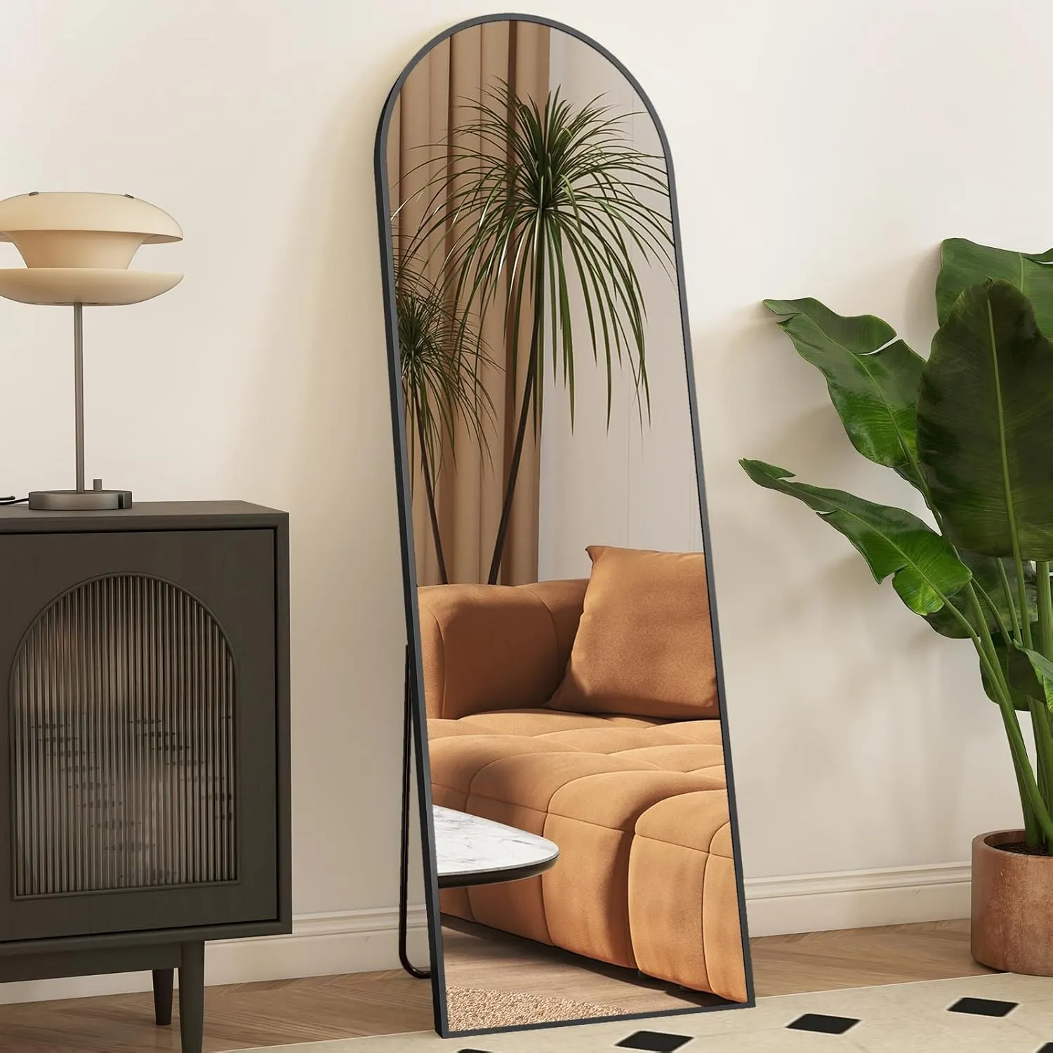 OLIXIS Arched Full Length Mirror 64"x21"with Stand Versatile Full Body Mirror,Floor Standing Hanging or Leaning Design Modern Slim Aluminum Frame Elegant Home Decor for Bedroom Cloakroom,Black