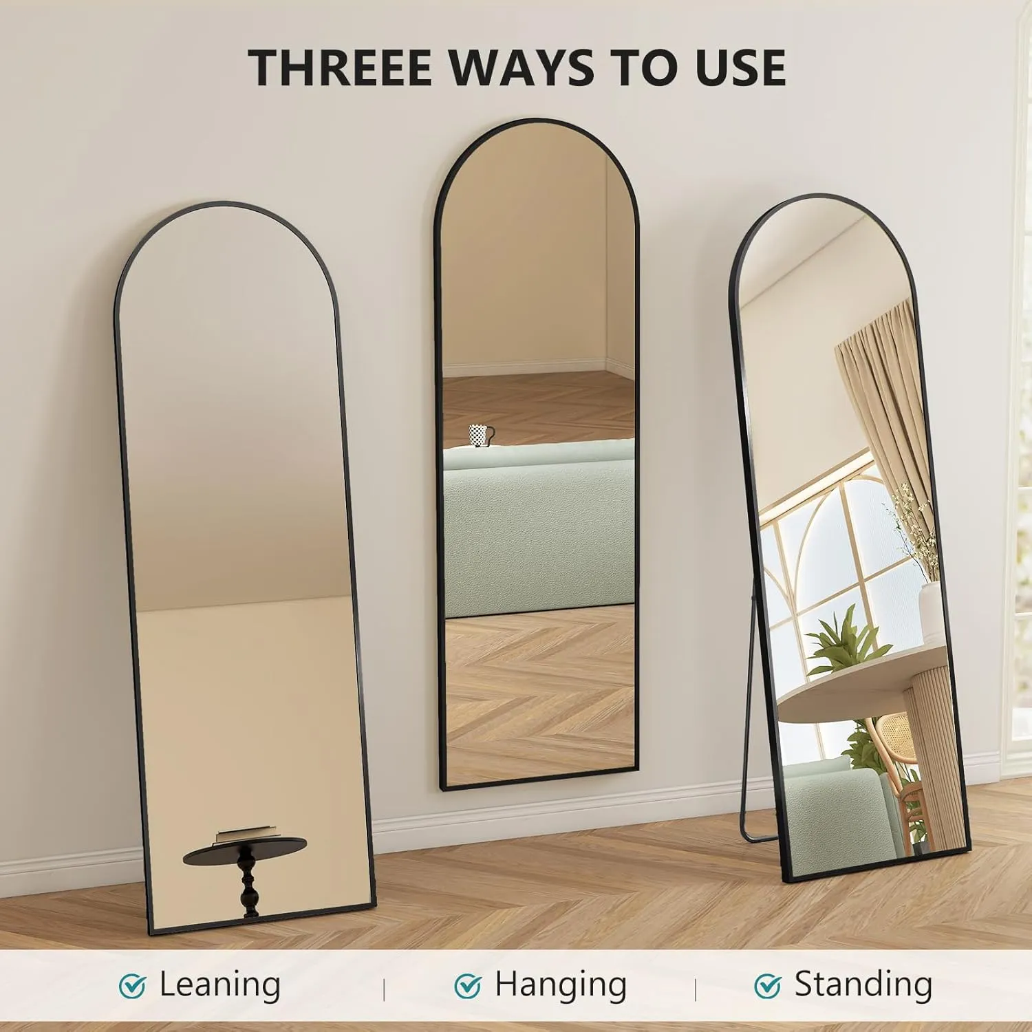 OLIXIS Arched Full Length Mirror 64"x21"with Stand Versatile Full Body Mirror,Floor Standing Hanging or Leaning Design Modern Slim Aluminum Frame Elegant Home Decor for Bedroom Cloakroom,Black