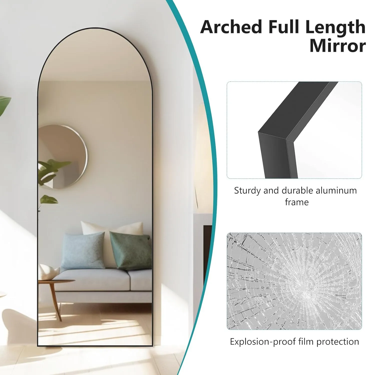 OLIXIS Arched Full Length Mirror 64"x21"with Stand Versatile Full Body Mirror,Floor Standing Hanging or Leaning Design Modern Slim Aluminum Frame Elegant Home Decor for Bedroom Cloakroom,Black
