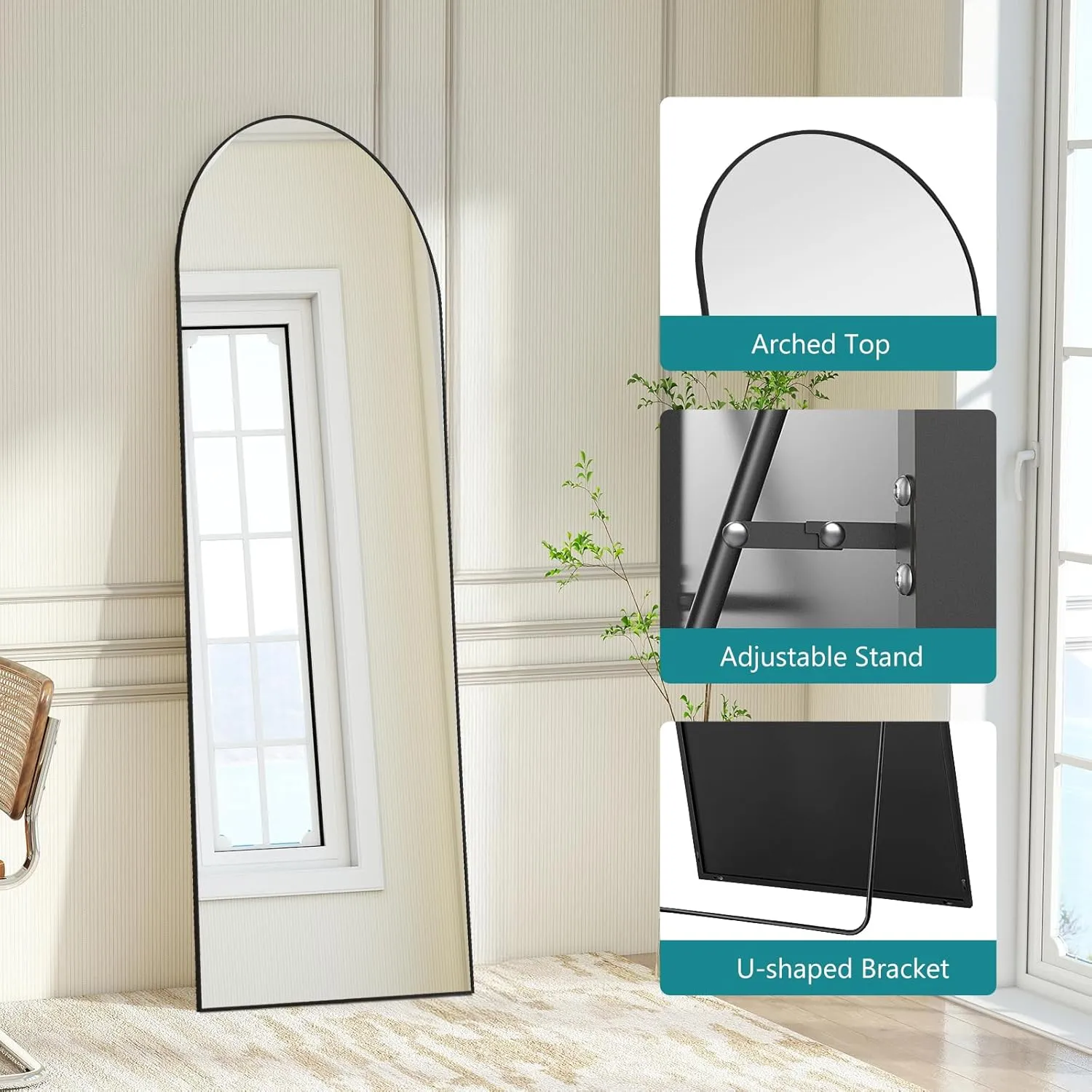 OLIXIS Arched Full Length Mirror 64"x21"with Stand Versatile Full Body Mirror,Floor Standing Hanging or Leaning Design Modern Slim Aluminum Frame Elegant Home Decor for Bedroom Cloakroom,Black