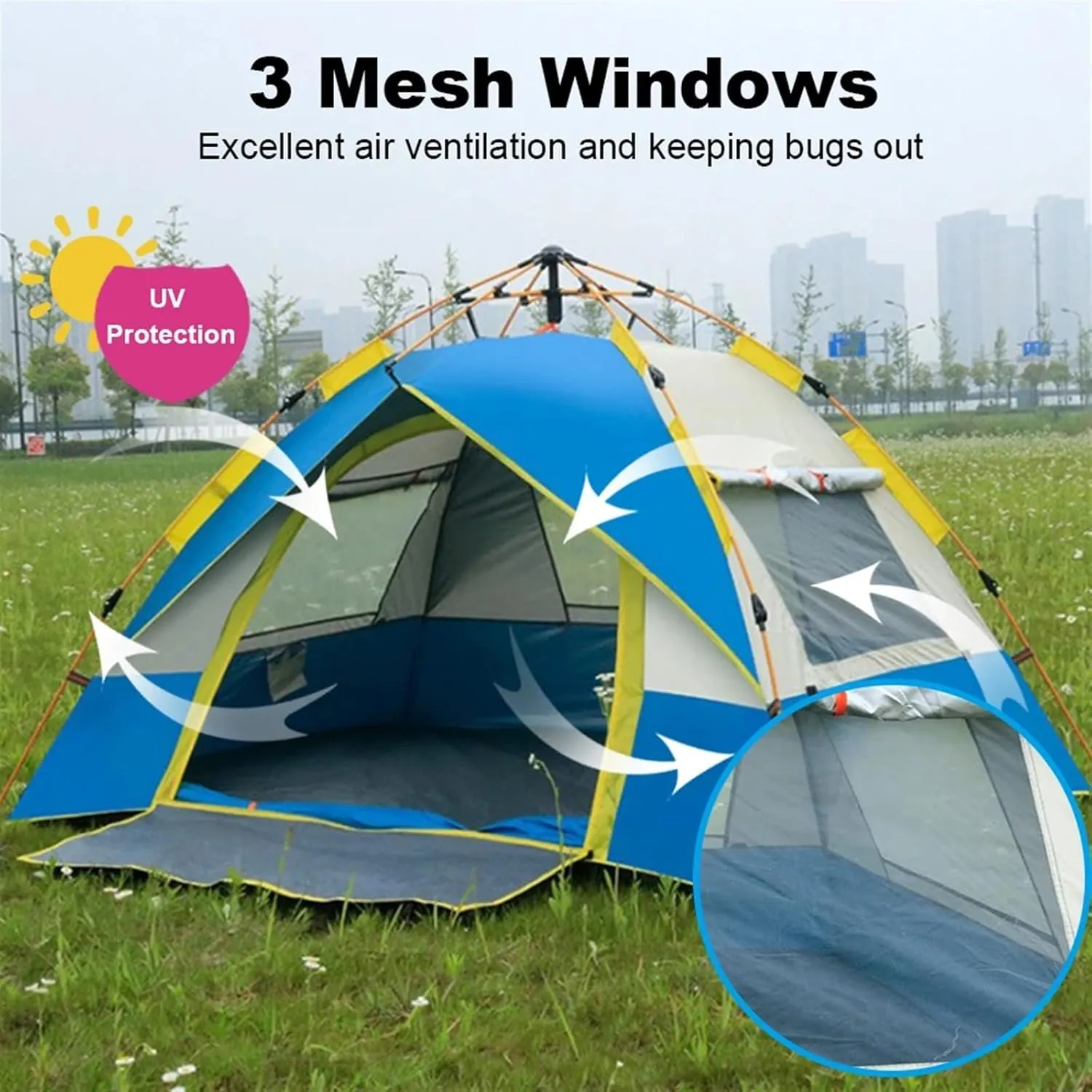 Outdoor Pop Up Tent Water-Resistant Portable Instant Automatic Camping Tent Compatible with 2-3/3-4 Person Family Tent Camping Hiking (Blue for 2 3)
