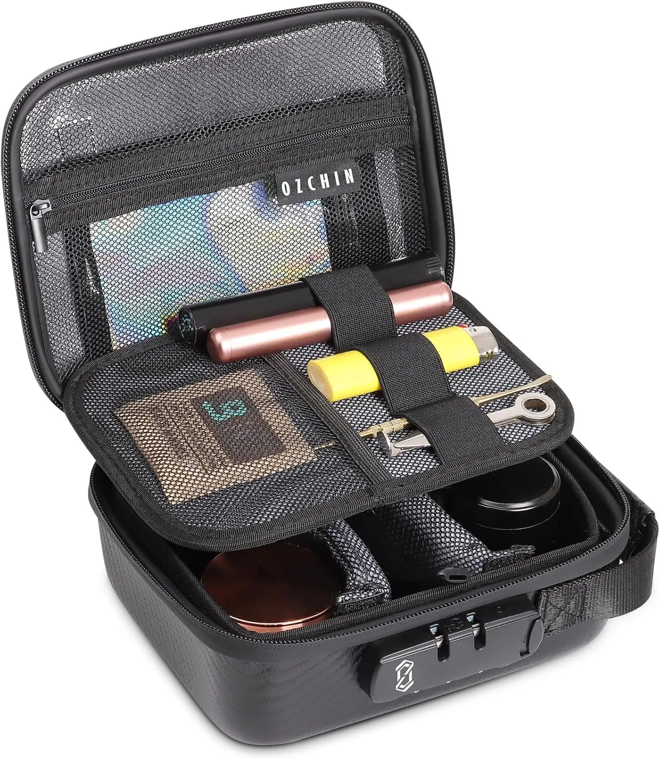 OZCHIN Smell Proof Bag with Combination Lock Shockproof Hard Shell Carrying Case Smoking Tobacco Bag Odorless Pouch Medicine Organizer Case Container Travel Bag (Black) 8.07" x 6.69" x 3.50"