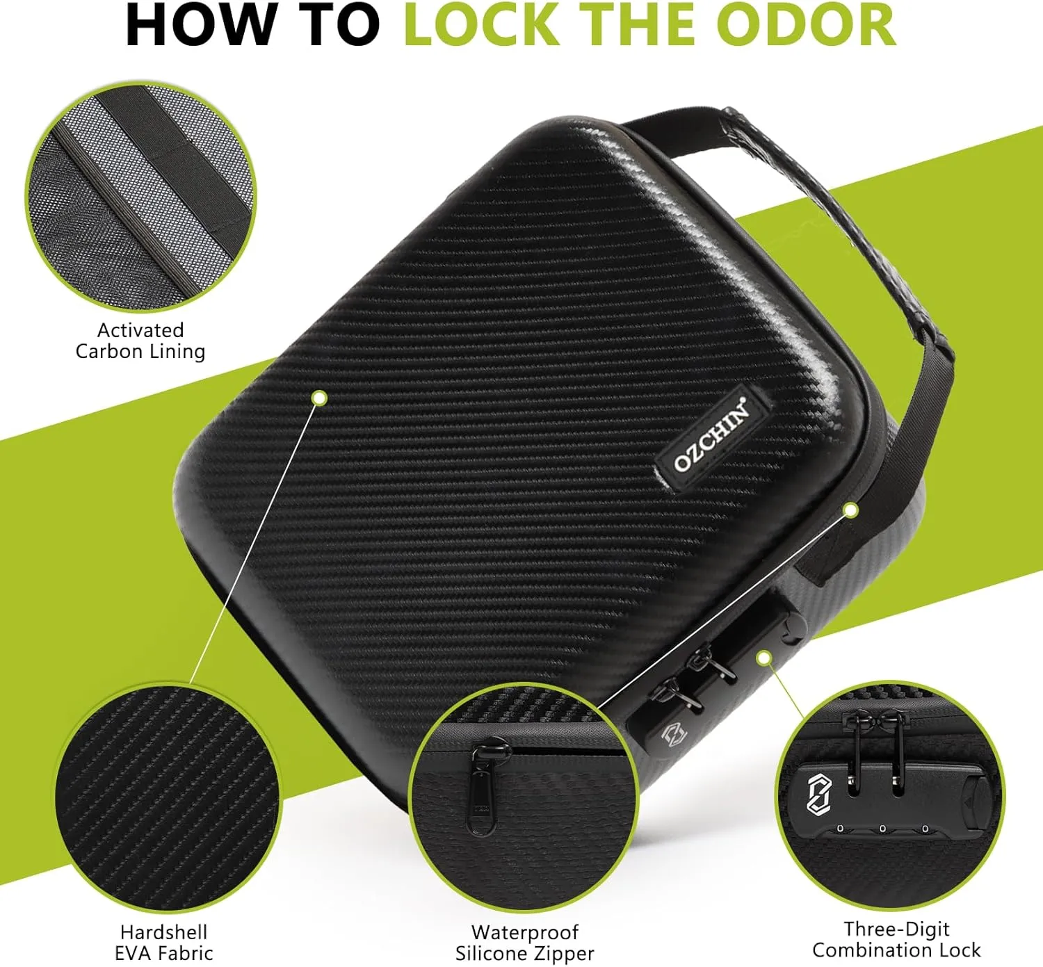 OZCHIN Smell Proof Portable Protection Hard EVA Bag With Combination Lock Bag Storage Case Container Travel Protective Carrying Storage Bag, Great Gifts For Men Or Women (Black) 8.66" x 9.45" x 4.33"