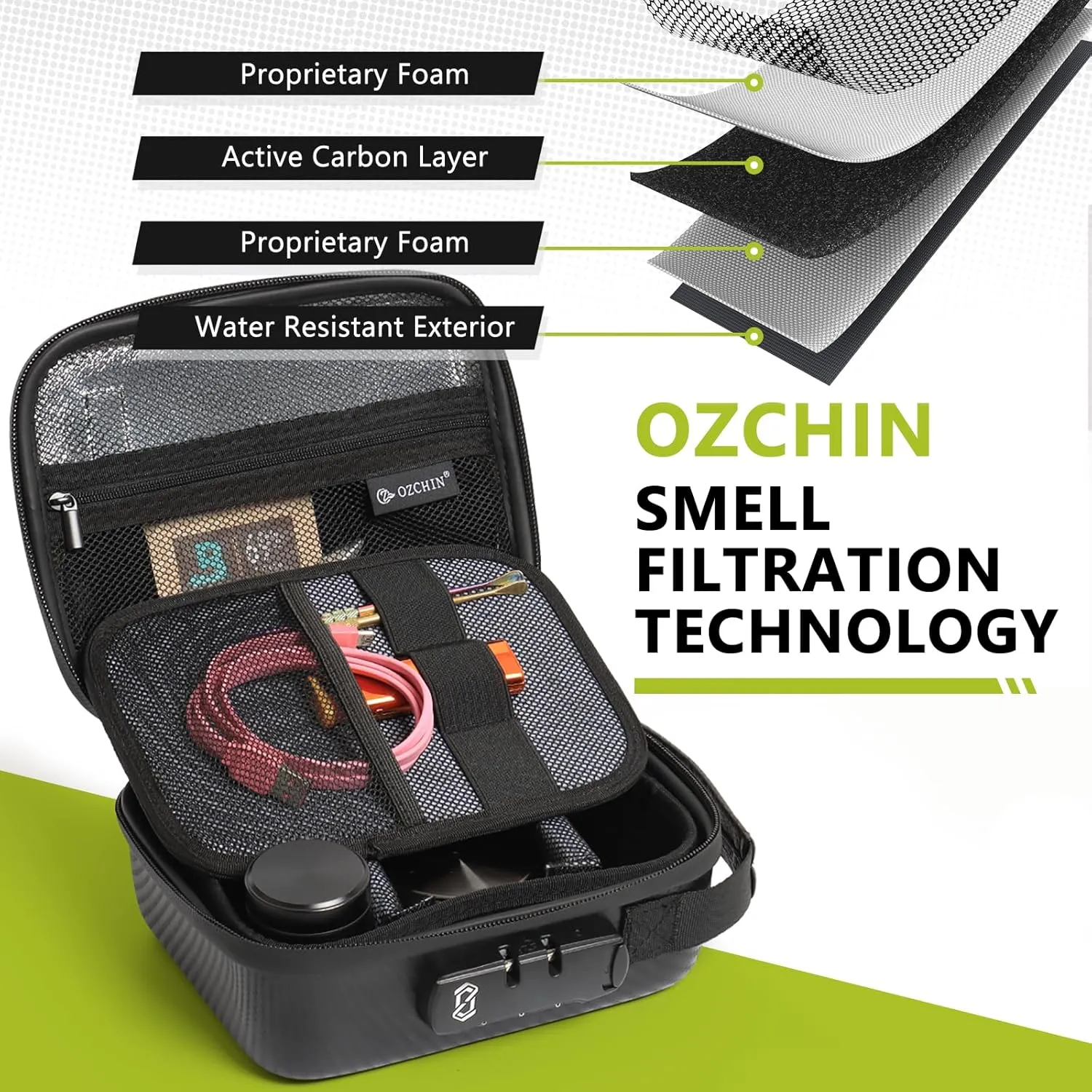 OZCHIN Smell Proof Portable Protection Hard EVA Bag With Combination Lock Bag Storage Case Container Travel Protective Carrying Storage Bag, Great Gifts For Men Or Women (Black) 8.66" x 9.45" x 4.33"