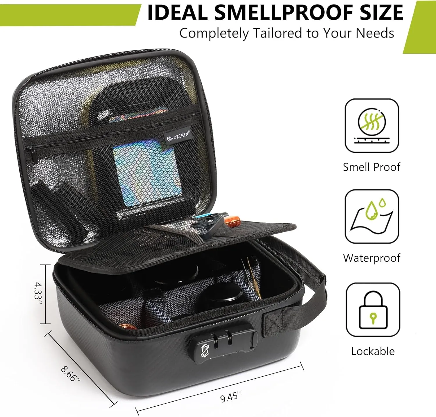 OZCHIN Smell Proof Portable Protection Hard EVA Bag With Combination Lock Bag Storage Case Container Travel Protective Carrying Storage Bag, Great Gifts For Men Or Women (Black) 8.66" x 9.45" x 4.33"