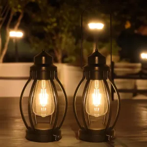 pearlstar Lantern Rechargeable Lamps Decorative Outdoor & Indoor, 2 Pack Vintage Portable LED Lanterns with Fully Dimmable Modes, Camping Lamp Outdoor Lantern for Table Patio Garden Yard Pathway Porch