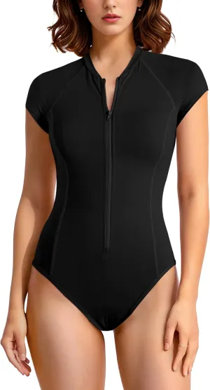 Period Swimwear One Piece Short Sleeve Zipper Menstrual Swimsuit Periods Leakproof Sports Bathing Suit for Teens