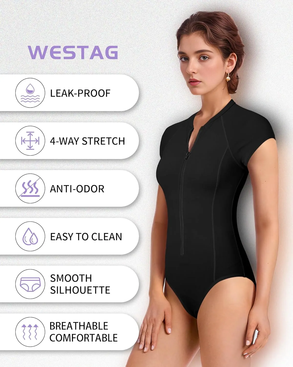 Period Swimwear One Piece Short Sleeve Zipper Menstrual Swimsuit Periods Leakproof Sports Bathing Suit for Teens