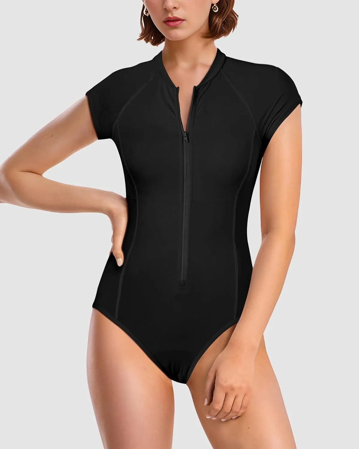 Period Swimwear One Piece Short Sleeve Zipper Menstrual Swimsuit Periods Leakproof Sports Bathing Suit for Teens