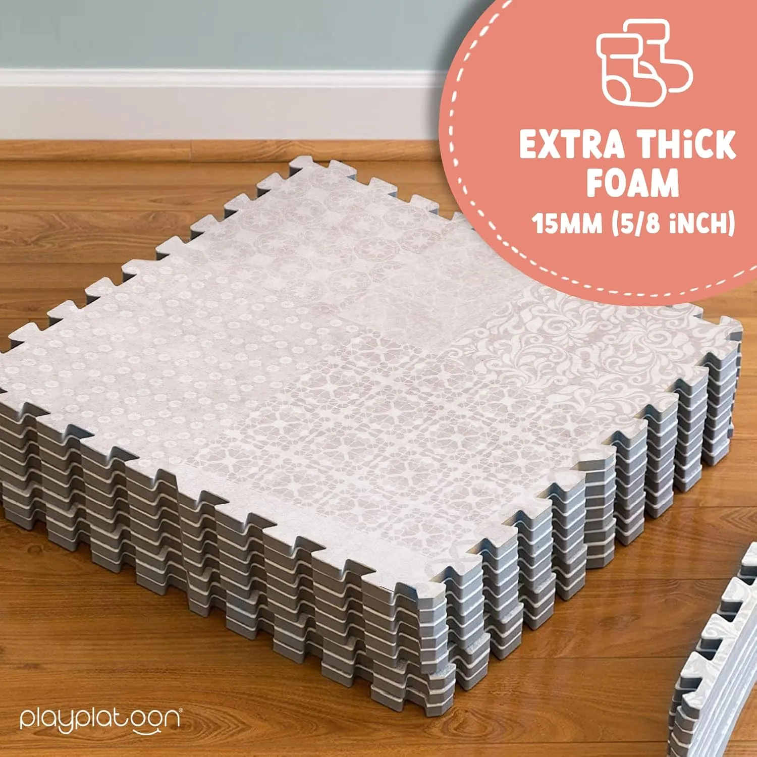 Play Platoon Non-Toxic Extra-Thick Children's Play Mat, 16 Tile - 96 x 96 inch Comfortable Cushiony Foam Floor Puzzle Mat for Kids & Toddlers with 24 x 24 inch Tiles - Khaki, Boho Modern