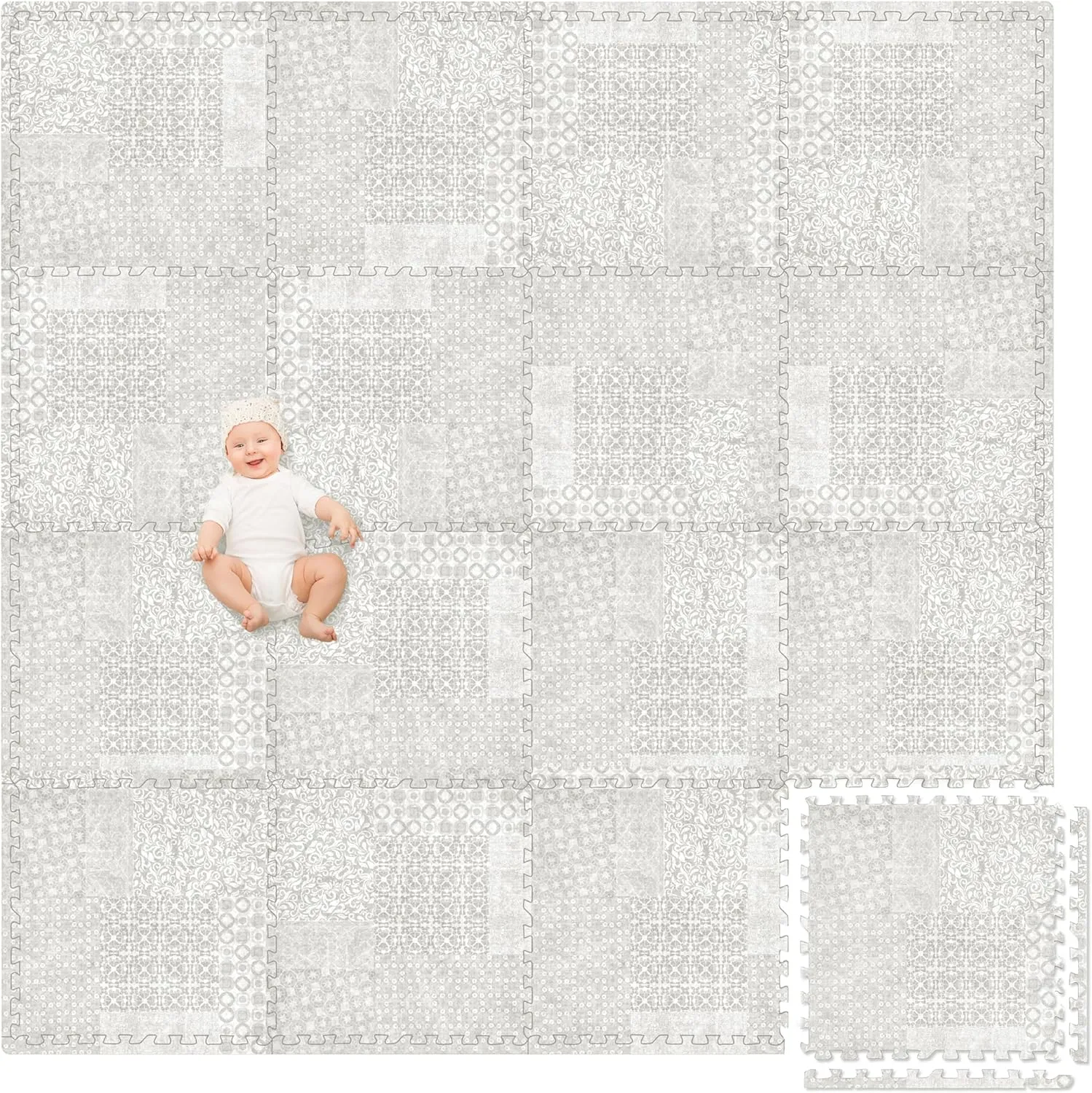 Play Platoon Non-Toxic Extra-Thick Children's Play Mat, 16 Tile - 96 x 96 inch Comfortable Cushiony Foam Floor Puzzle Mat for Kids & Toddlers with 24 x 24 inch Tiles - Khaki, Boho Modern