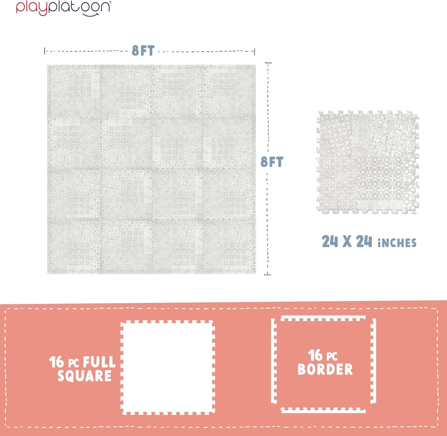 Play Platoon Non-Toxic Extra-Thick Children's Play Mat, 16 Tile - 96 x 96 inch Comfortable Cushiony Foam Floor Puzzle Mat for Kids & Toddlers with 24 x 24 inch Tiles - Khaki, Boho Modern