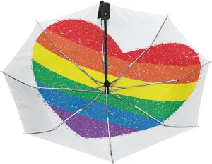 Poeticcity Gay Symbol Rainbow Color Heart Isolated on White Automatic Folding UPF 50  Anti-UV Rain Umbrella, Auto Open/Close 3 Folds Sun Parasol Canopy Windproof Compact Travel Umbrella