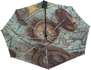 Poeticcity Vintage Pirate Compasses Retro Key Openers Ancient World Maps Automatic Folding UPF 50  Anti-UV Rain Umbrella, Auto Open/Close 3 Folds Sun Parasol Canopy Windproof Compact Travel Umbrella