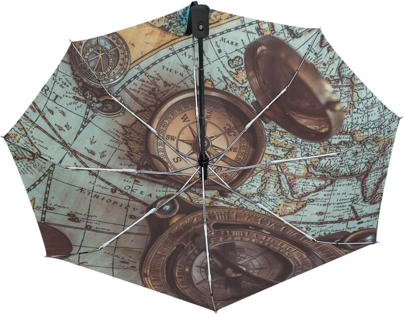 Poeticcity Vintage Pirate Compasses Retro Key Openers Ancient World Maps Automatic Folding UPF 50  Anti-UV Rain Umbrella, Auto Open/Close 3 Folds Sun Parasol Canopy Windproof Compact Travel Umbrella