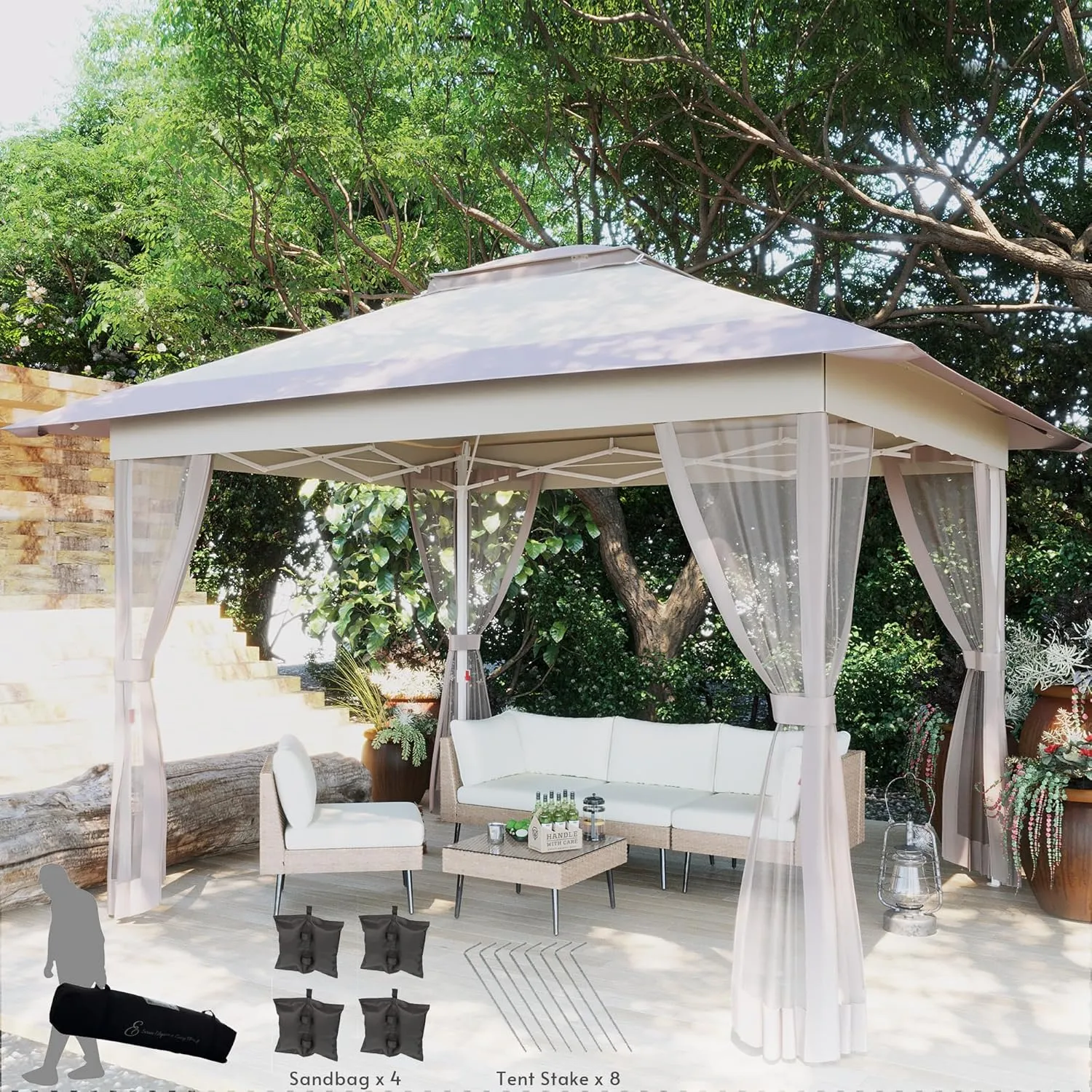 Pop Up Gazebo 12x12 with Mosquito Netting, 4-Step Quick Setup Canopy Tent, Double Roof 10x10 Frame Design, Sandbags & Wind Ropes Include Outdoor Gazebo Tent for Patio, Backyard (Khaki)