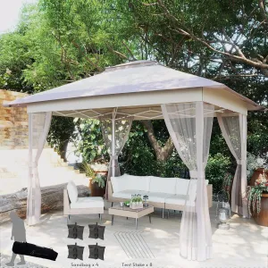 Pop Up Gazebo 12x12 with Mosquito Netting, 4-Step Quick Setup Canopy Tent, Double Roof 10x10 Frame Design, Sandbags & Wind Ropes Include Outdoor Gazebo Tent for Patio, Backyard (Khaki)