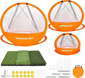 Pop Up Golf Chipping Net with Tri-Turf Golf Mat, Foam Practice Balls and Golf Tees, Professional Chipping Net for Chipping Accuracy Practice