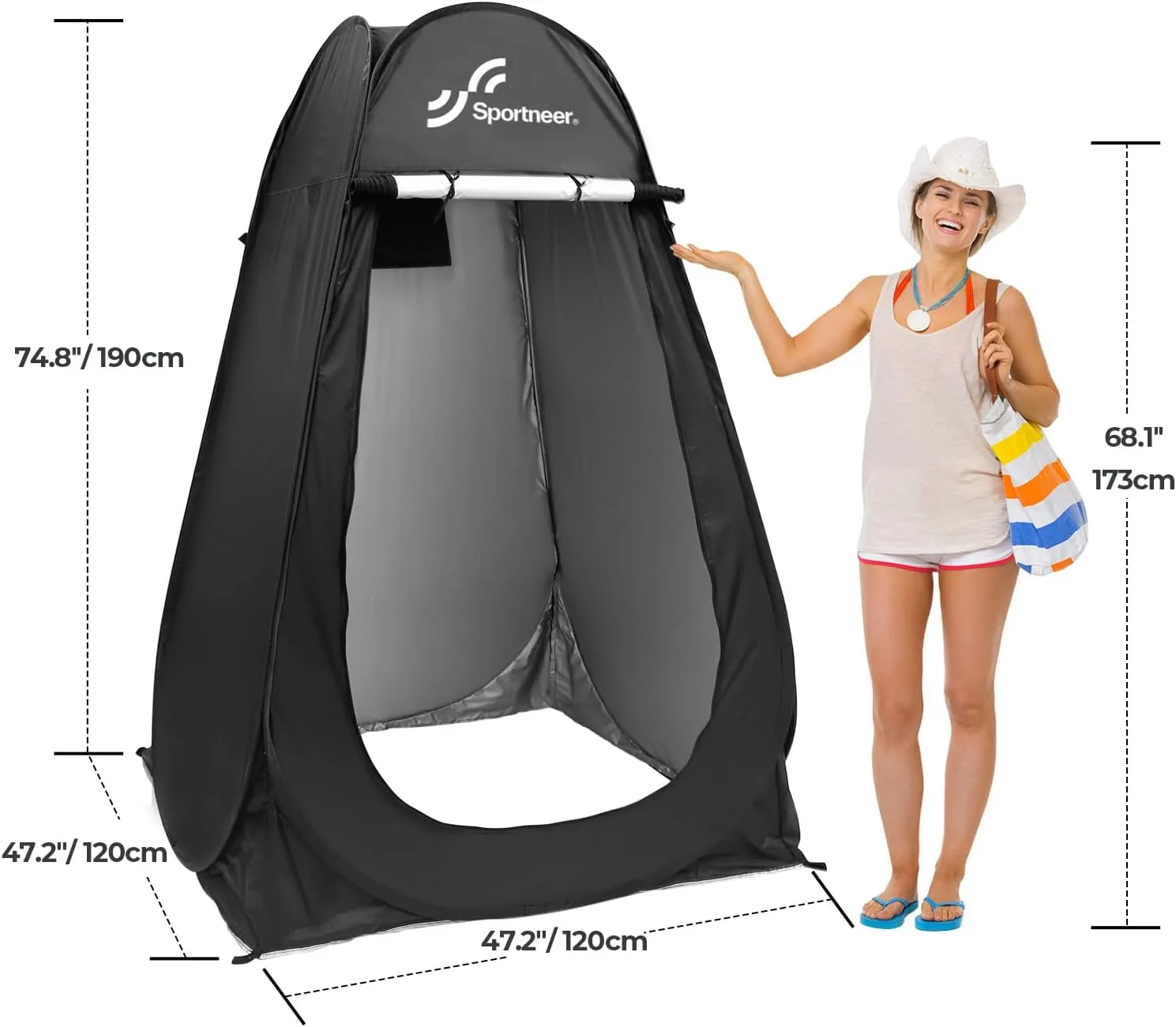 Pop Up Privacy Shower Tent, Portable Changing Room, 75"x47"x47", Foldable with Carry Bag for Camping & Beach, Easy Set Up