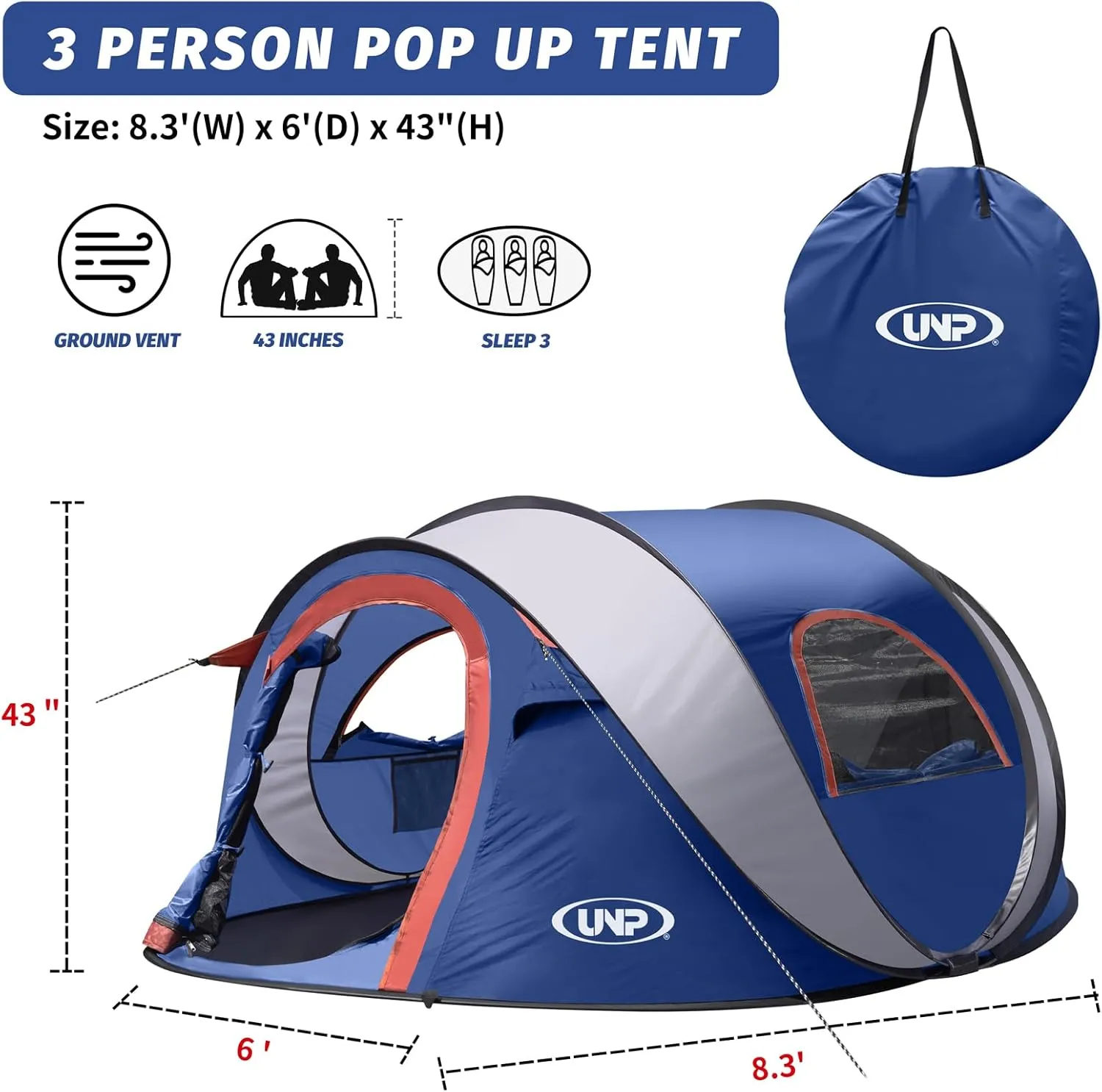 Pop-up Tent, 3 Person Camping Tent, Instant Portable Beach Tent, Easy Pop Up Shade Tents 2 Doors for Camping Hiking & Traveling with Carrying Bag