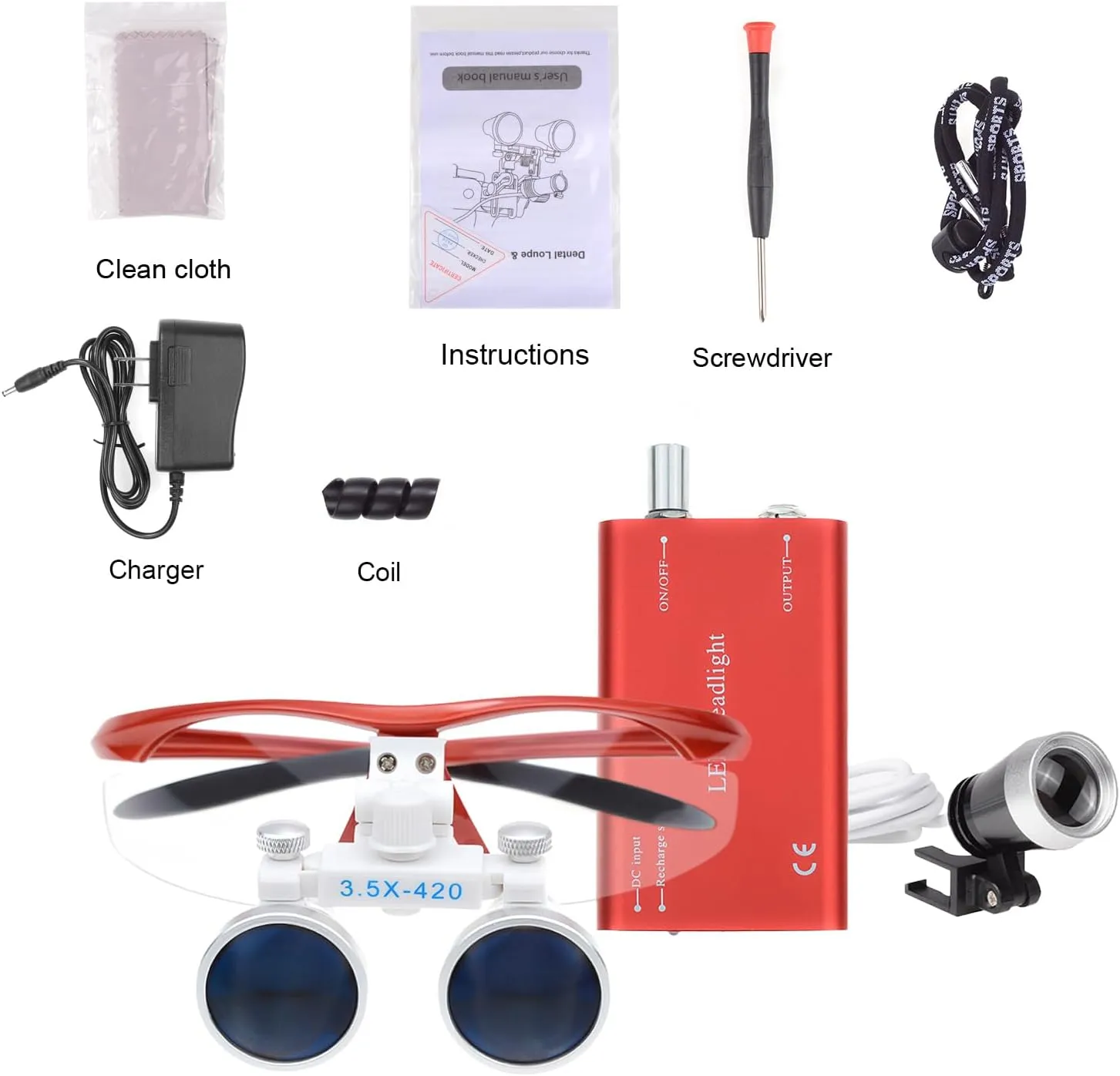 Portable Lab 1W LED Head Light Headlight with 2.5X/3.5X Binocular Loupes Magnifying Glasses Optical Glass Cloth Bag Style (Red, 3.5X)