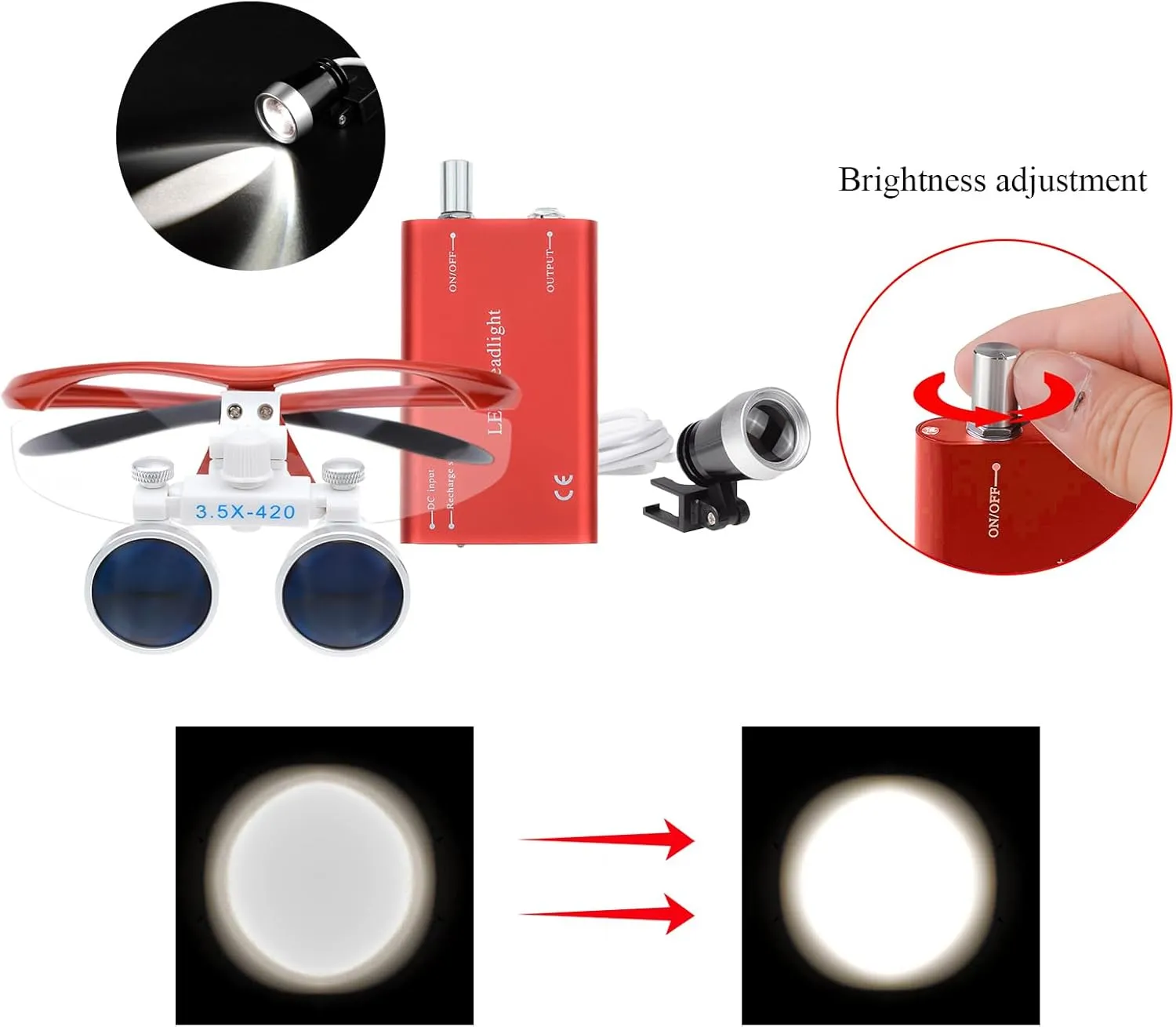 Portable Lab 1W LED Head Light Headlight with 2.5X/3.5X Binocular Loupes Magnifying Glasses Optical Glass Cloth Bag Style (Red, 3.5X)