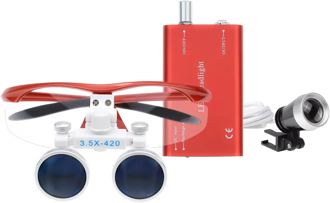 Portable Lab 1W LED Head Light Headlight with 2.5X/3.5X Binocular Loupes Magnifying Glasses Optical Glass Cloth Bag Style (Red, 3.5X)