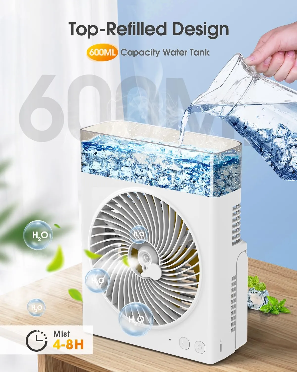 Portable Misting Fan, 16000mAh 8-Inch Rechargeable Water Cooling Mist Fan with 600mL Water Tank, Quiet USB Battery Powered, Perfect Cooling for Camping Home Outside Office