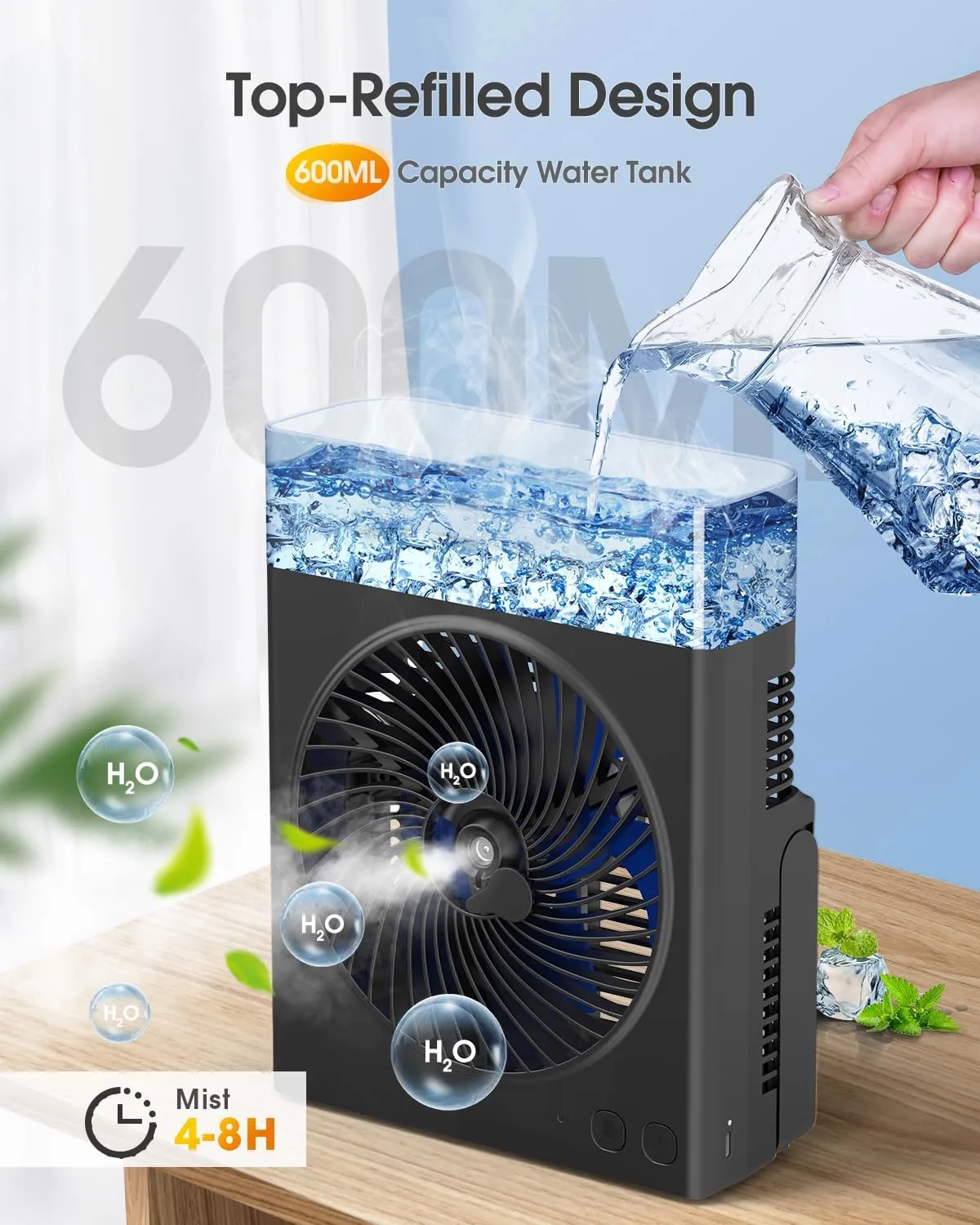 Portable Misting Fan, 8000mAh 8-Inch Rechargeable Water Cooling Mist Fan with 600mL Water Tank, Quiet USB Battery Powered, Perfect Cooling for Camping Home Outside Office