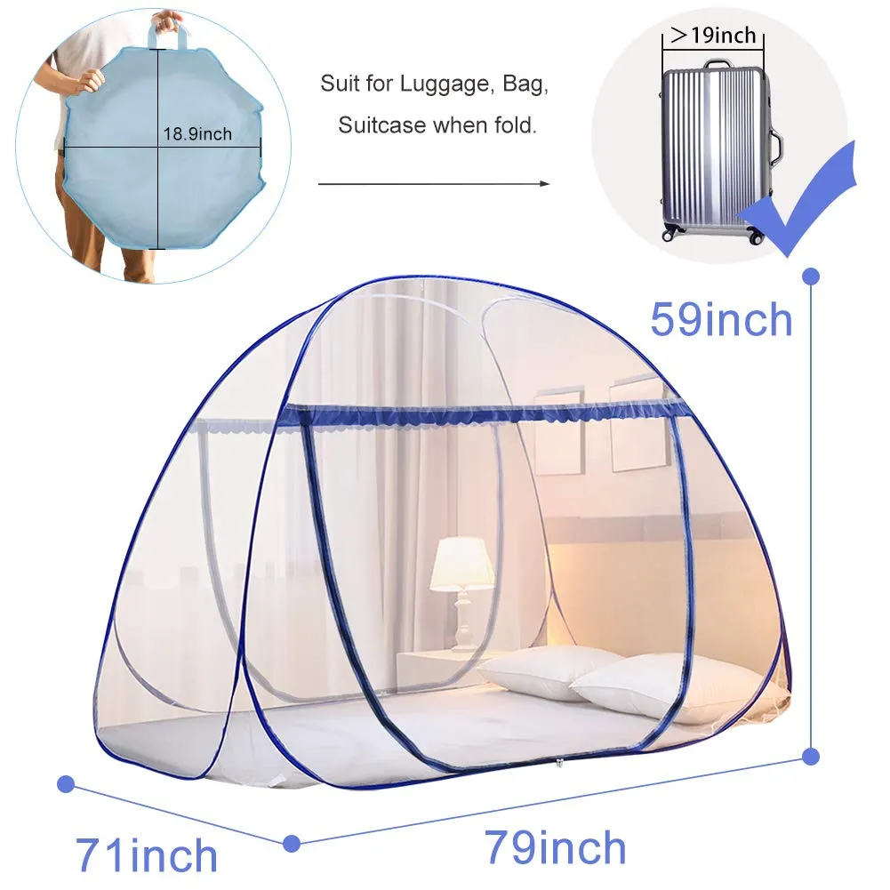 Portable Pop-Up Mosquito Net Tent for Bed Baby Adults Trip, L79 x W71 x H59 inch Large Folding Mosquito Netting with Net Bottom, 2 Entries, Suit for Twin to King Size Bed