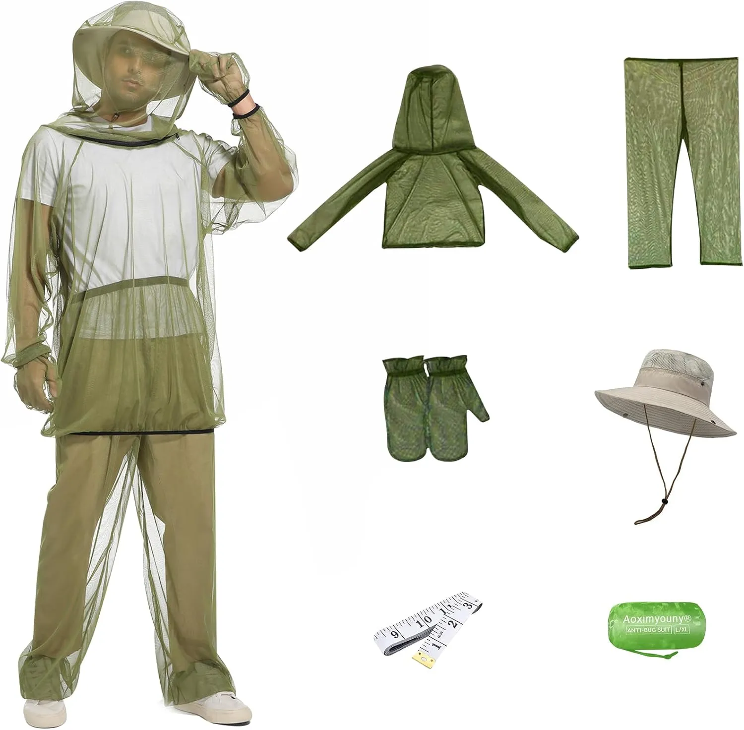 Premium 6-Piece Mosquito Suit-Jacket With Hood/Pants/Mitts/Gift Bag/Sun Hat/Tape Measure-Full Body Protection Bugs Clothes
