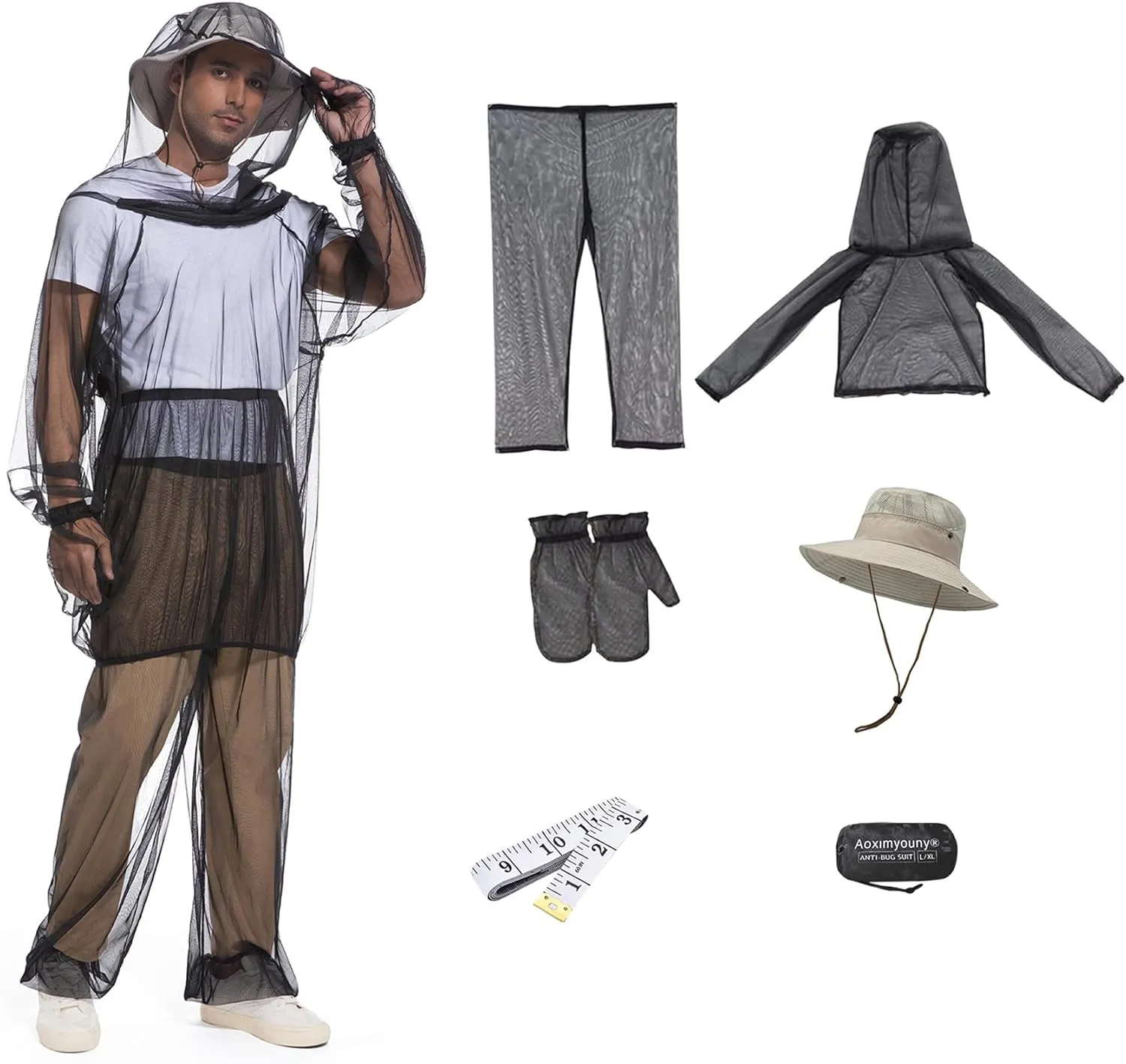 Premium 6-Piece Mosquito Suit-Jacket With Hood/Pants/Mitts/Gift Bag/Sun Hat/Tape Measure-Full Body Protection Bugs Clothes