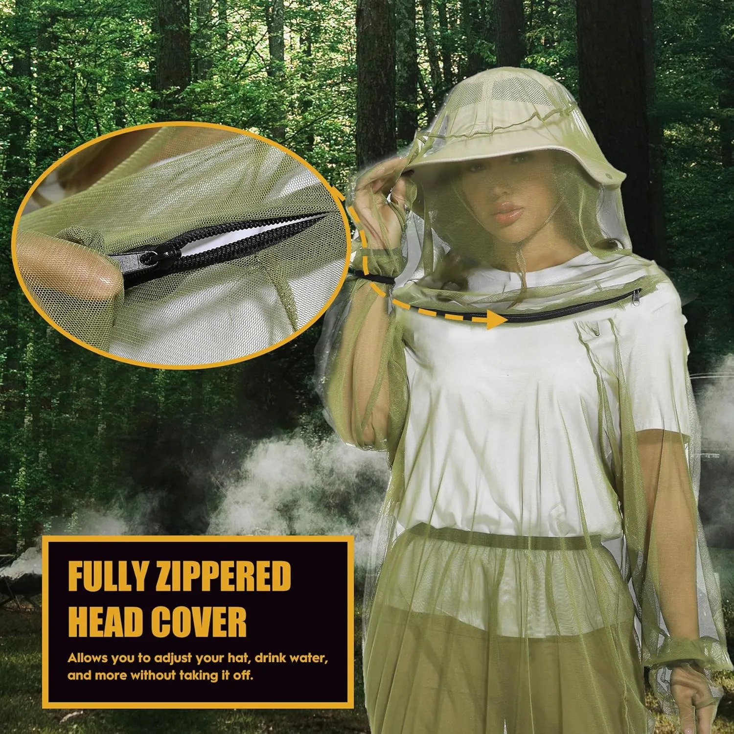Premium 6-Piece Mosquito Suit-Jacket With Hood/Pants/Mitts/Gift Bag/Sun Hat/Tape Measure-Full Body Protection Bugs Clothes