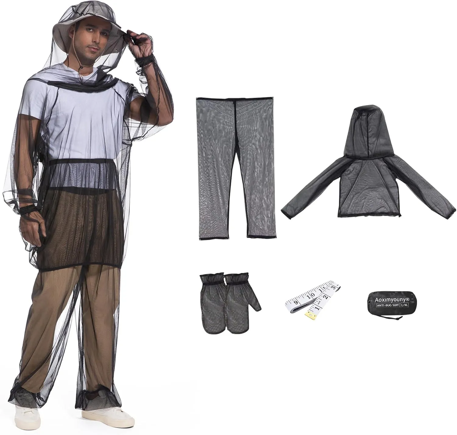 Premium 6-Piece Mosquito Suit-Jacket With Hood/Pants/Mitts/Gift Bag/Sun Hat/Tape Measure-Full Body Protection Bugs Clothes