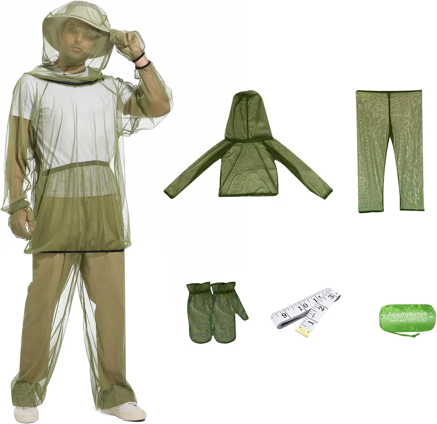 Premium 6-Piece Mosquito Suit-Jacket With Hood/Pants/Mitts/Gift Bag/Sun Hat/Tape Measure-Full Body Protection Bugs Clothes