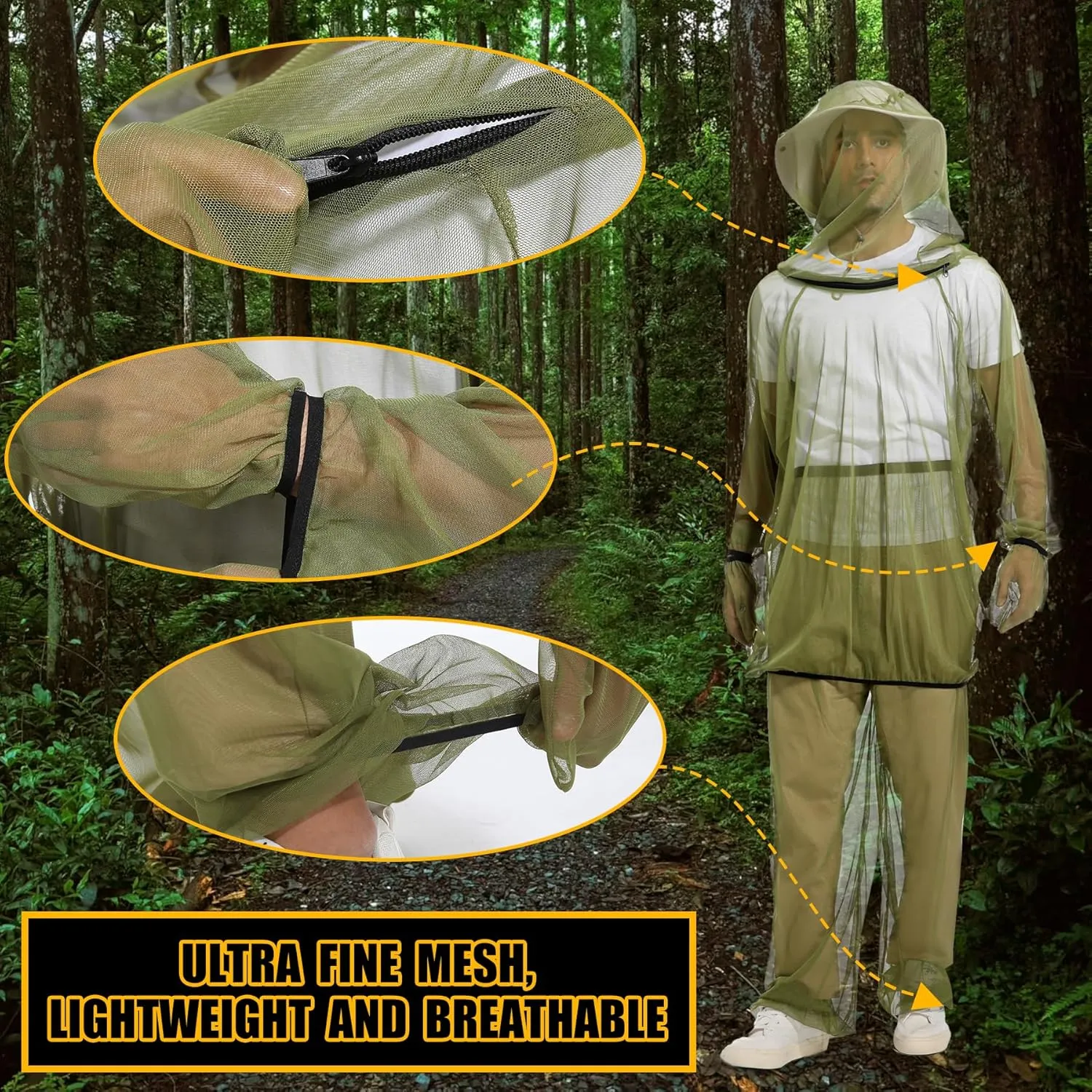 Premium 6-Piece Mosquito Suit-Jacket With Hood/Pants/Mitts/Gift Bag/Sun Hat/Tape Measure-Full Body Protection Bugs Clothes