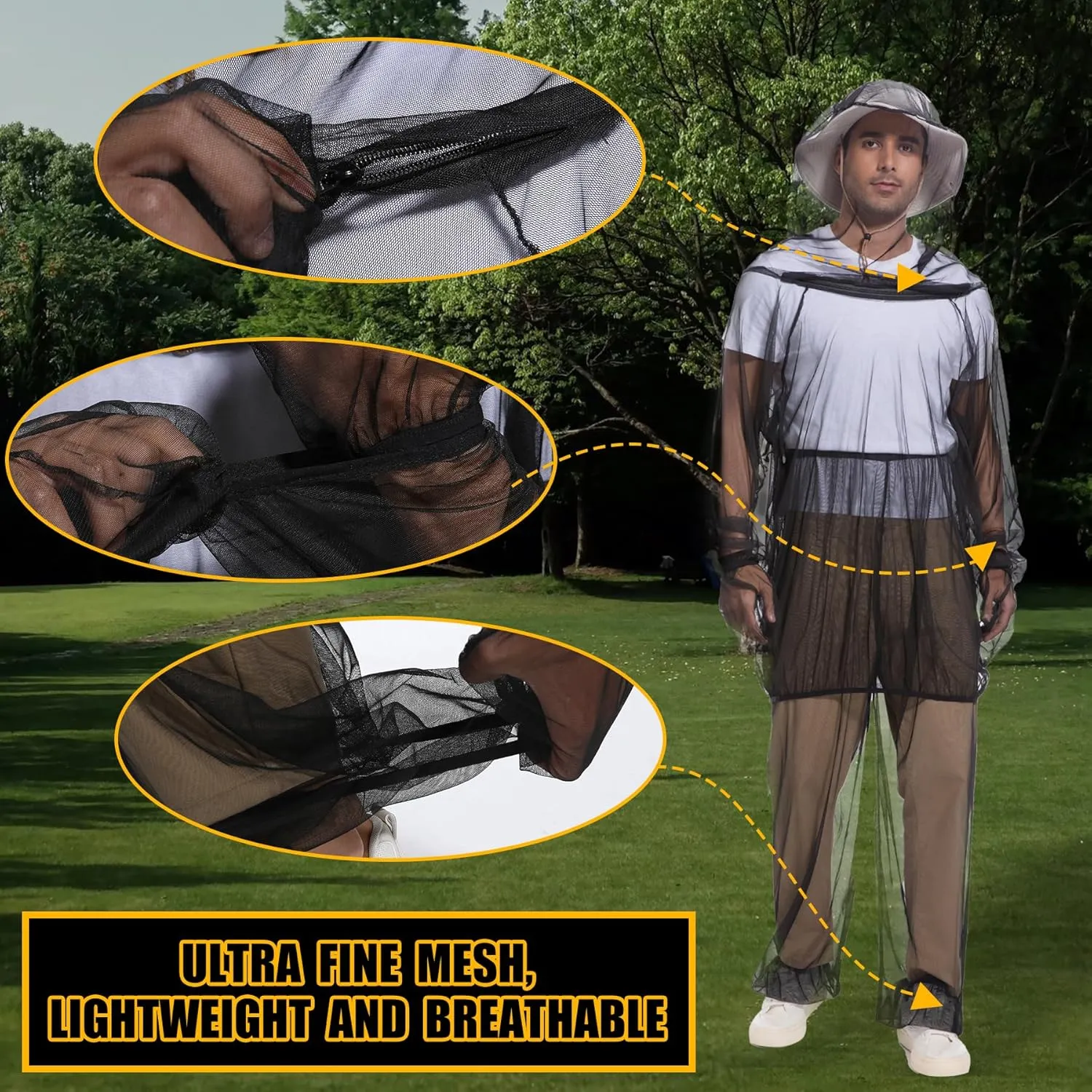 Premium 6-Piece Mosquito Suit-Jacket With Hood/Pants/Mitts/Gift Bag/Sun Hat/Tape Measure-Full Body Protection Bugs Clothes