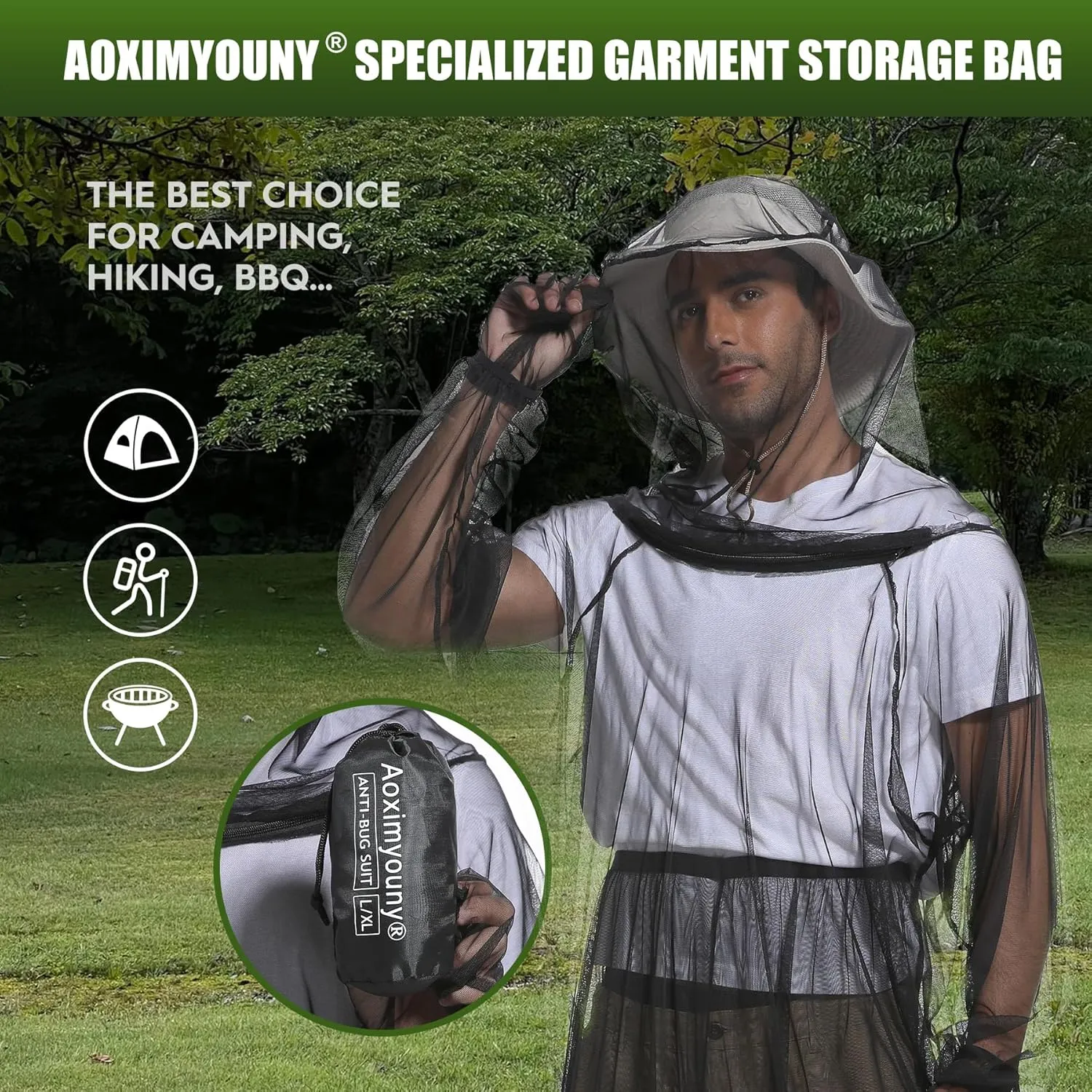 Premium 6-Piece Mosquito Suit-Jacket With Hood/Pants/Mitts/Gift Bag/Sun Hat/Tape Measure-Full Body Protection Bugs Clothes