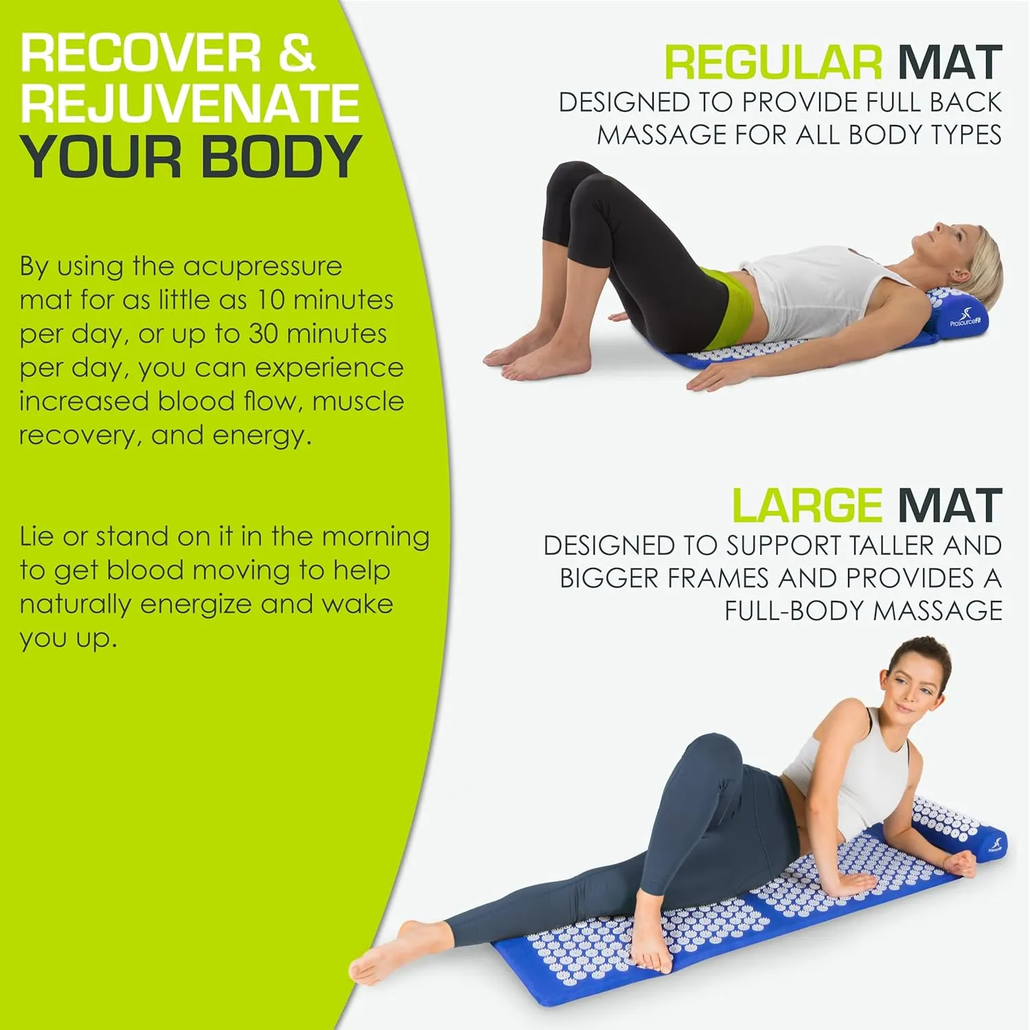 ProsourceFit Acupressure Mat and Pillow Set for Back/Neck Pain Relief and Muscle Relaxation, XL - Blue/White