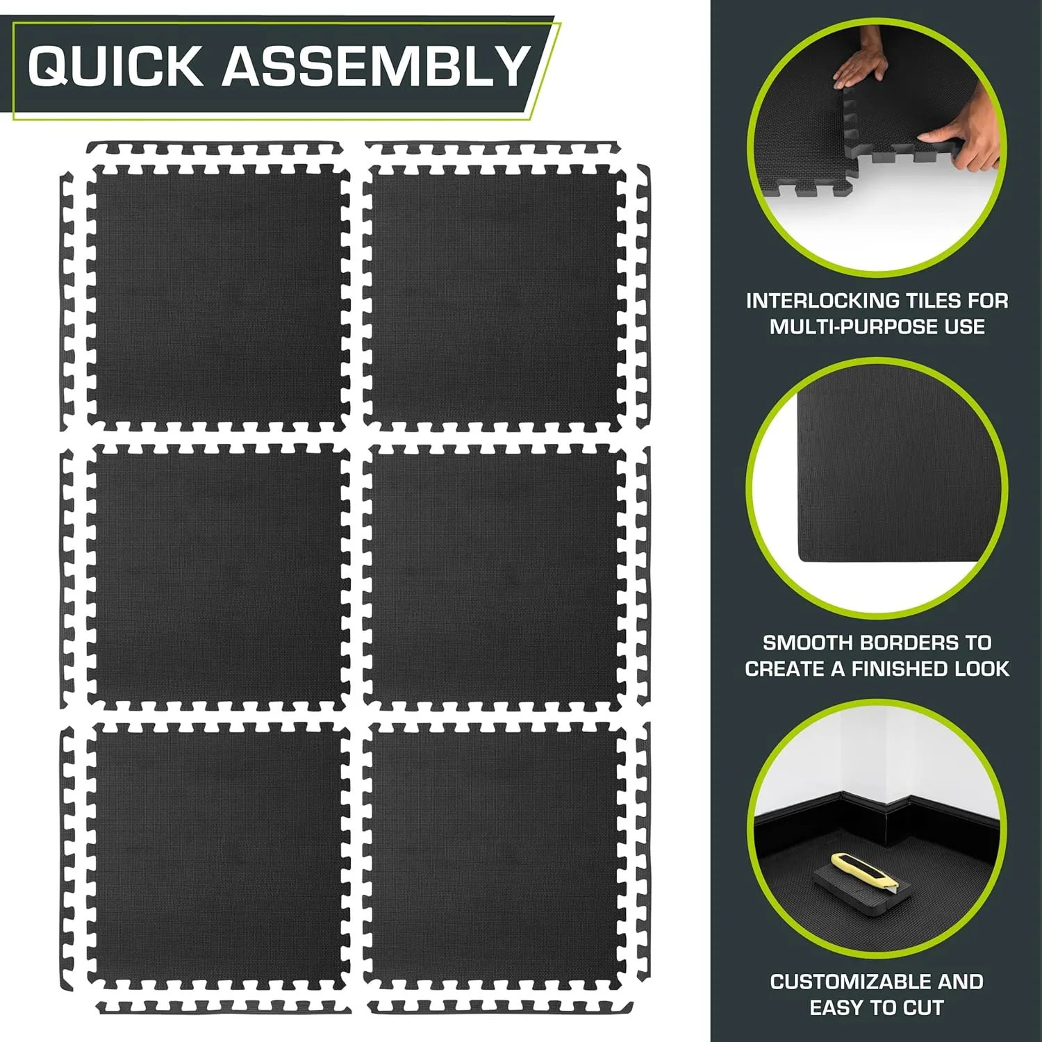 ProsourceFit Extra Thick Puzzle Exercise Mat, EVA Foam Interlocking Tiles for Protective, Cushioned Workout Flooring for Home and Gym Equipment, Black - 3/4 inch - 24 Sq Ft - 6 Tiles