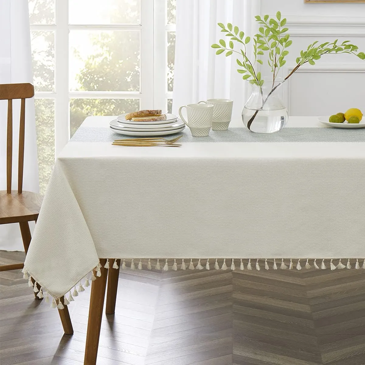 QIANQUHUI Embroidered Tablecloth for Dining Table,Dust Proof Spillproof Soil Resistant Cotton Linen Rectangle Table Cloths (Blue, Rectangle/Oblong, 55'x70'', 4-6 Seats)