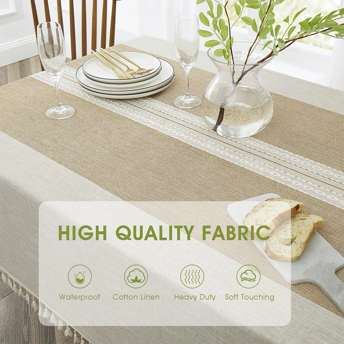 QIANQUHUI Embroidered Tablecloth for Dining Table,Dust Proof Spillproof Soil Resistant Cotton Linen Rectangle Table Cloths (Coffee, Rectangle/Oblong, 55'x70'', 4-6 Seats)