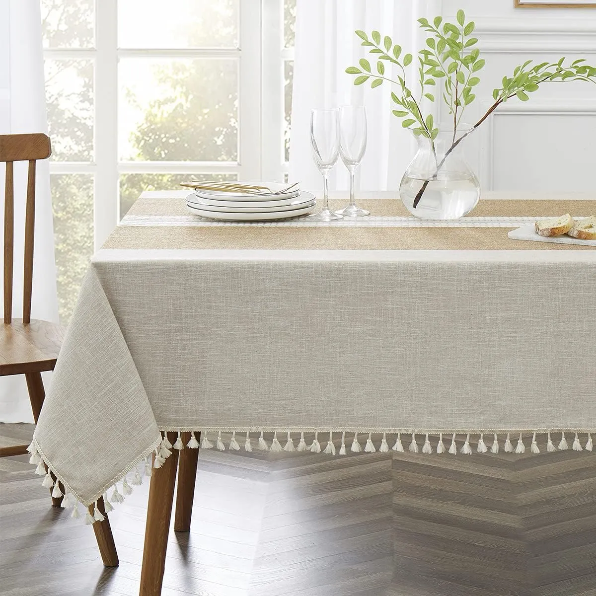 QIANQUHUI Embroidered Tablecloth for Dining Table,Dust Proof Spillproof Soil Resistant Cotton Linen Rectangle Table Cloths (Coffee, Rectangle/Oblong, 55'x70'', 4-6 Seats)