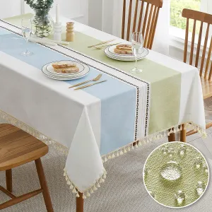QIANQUHUI Embroidered Tablecloth for Dining Table,Dust Proof Spillproof Soil Resistant Cotton Linen Rectangle Table Cloths (Green Blue, Rectangle/Oblong, 55'x70'', 4-6 Seats)