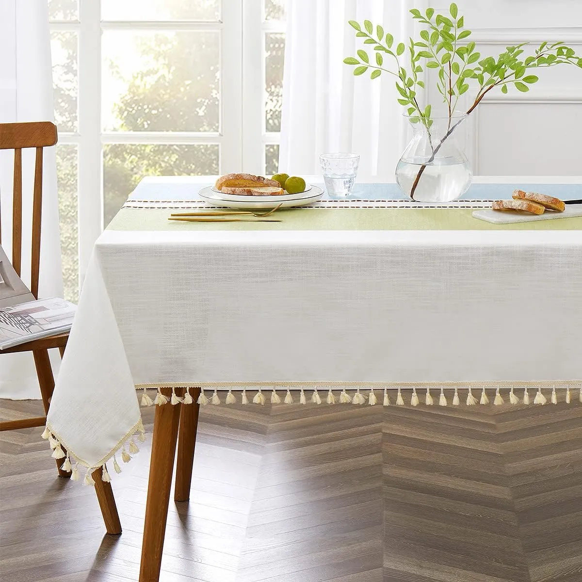 QIANQUHUI Embroidered Tablecloth for Dining Table,Dust Proof Spillproof Soil Resistant Cotton Linen Rectangle Table Cloths (Green Blue, Rectangle/Oblong, 55'x70'', 4-6 Seats)