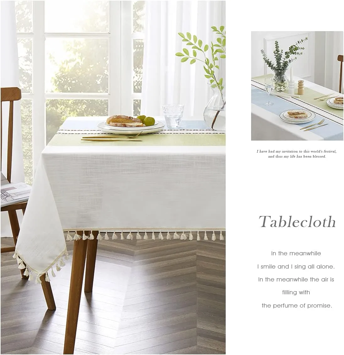 QIANQUHUI Embroidered Tablecloth for Dining Table,Dust Proof Spillproof Soil Resistant Cotton Linen Rectangle Table Cloths (Green Blue, Rectangle/Oblong, 55'x70'', 4-6 Seats)