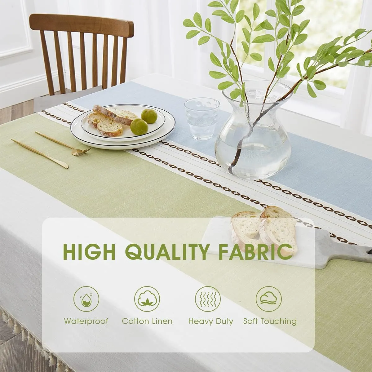 QIANQUHUI Embroidered Tablecloth for Dining Table,Dust Proof Spillproof Soil Resistant Cotton Linen Rectangle Table Cloths (Green Blue, Rectangle/Oblong, 55'x70'', 4-6 Seats)