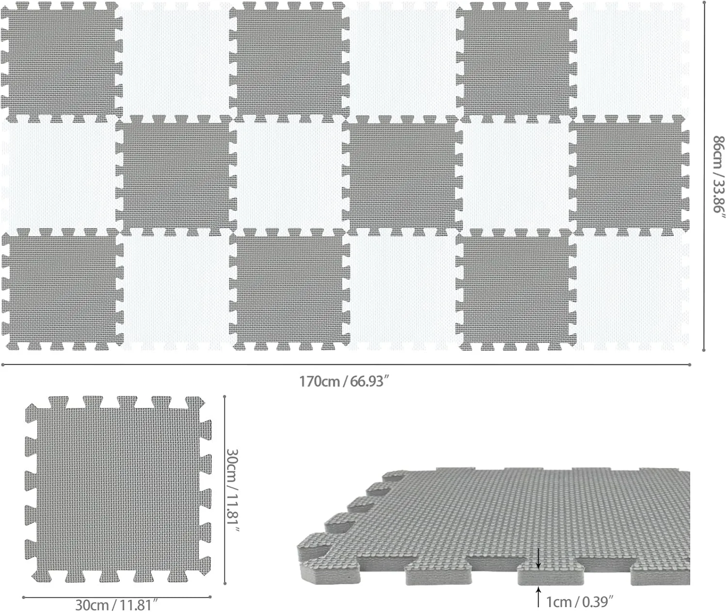 qqpp EVA Rubber 18 Tiles Interlocking Puzzle Foam Floor Mats - Baby Play Mat for Playing | Exercise Mat for Home Workout. White, Gray. QC-ALb18N