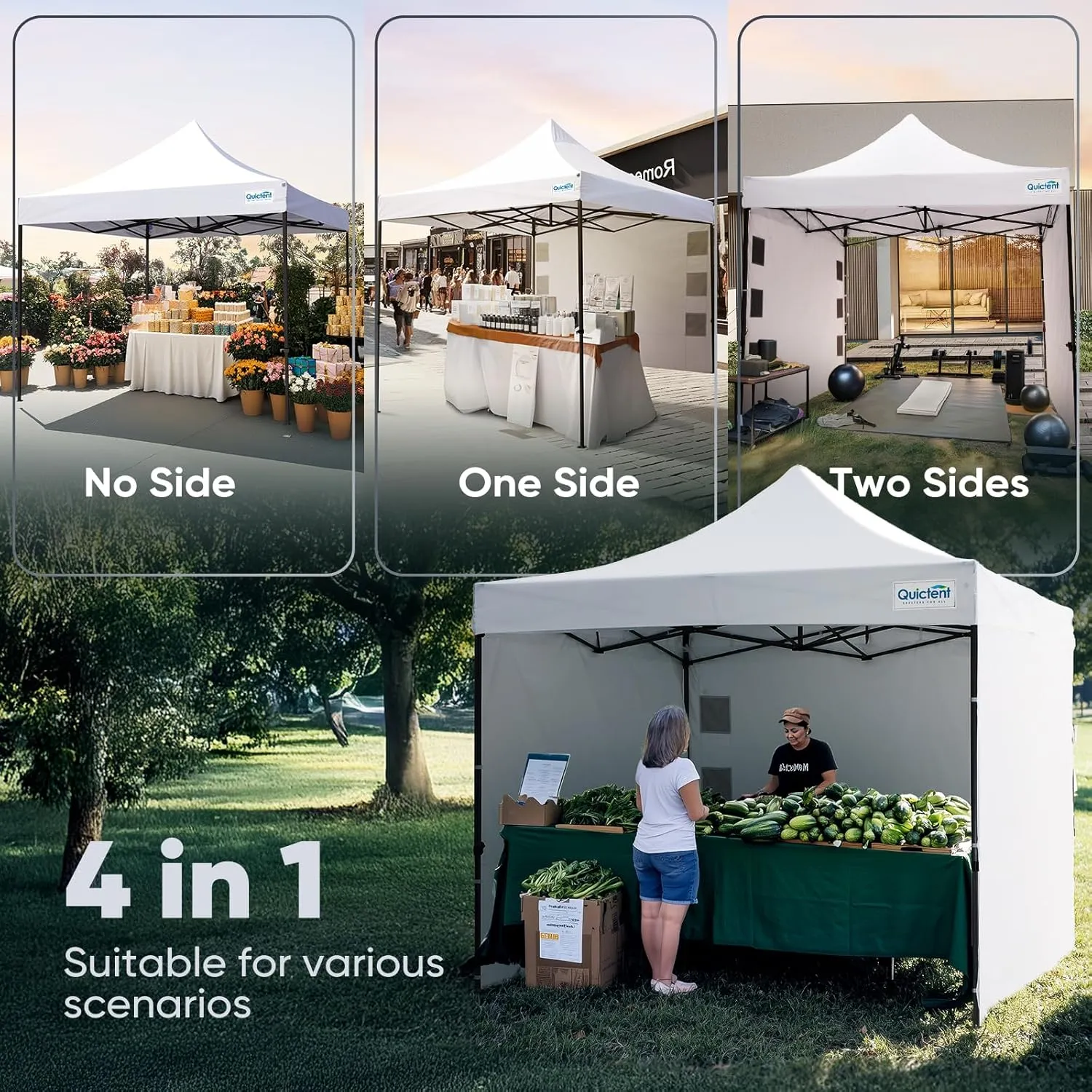 Quictent 10'x10' Heavy Duty Pop up Canopy Tent with Sidewalls, Commercial Grade Instant Shelter with Wheeled Bag for Outdoor, Parties, Markets, 600D Silver Coated UPF 50  Sun Shield